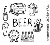 Beer set. Hand drawn doodle. Alcoholic malt beverage. Bar drink. Wooden box, barrel, glass, mug. Vector line art illustration.