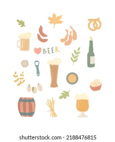 Beer set. Hand drawn icons for oktoberfest beer celebration. Illustrated appetizers, beer, shrimp, pretzel.