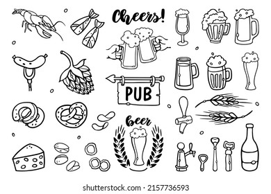 Beer Set hand-drawn Outline Doodles Vector Illustration with lettering. Sketchy beer pub elements collection for Octoberfest: glass, mug, hop, beer tap, snacks.
