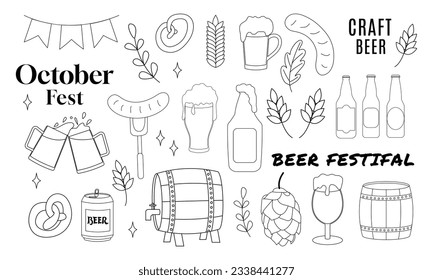 Beer Set hand-drawn Outline Doodles Vector Illustration with lettering. Sketchy beer pub elements collection for Octoberfest glass, mug, hop, beer tap, snacks.