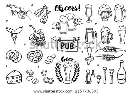 Beer Set hand-drawn Outline Doodles Vector Illustration with lettering. Sketchy beer pub elements collection for Octoberfest: glass, mug, hop, beer tap, snacks.