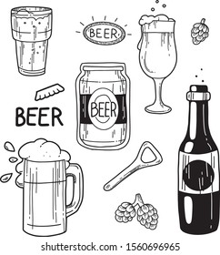 Beer set with hop, opener, bottle, mug, glass, cover, aluminum can. Vector hand drawn illustration. Cartoon style. For poster, print design, pub or bar, web, brewery, beer festival, party.