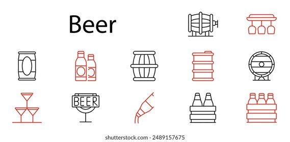 Beer set icon. Bottle, can, keg, barrel, brewery, tap, pub, glass, drink, alcohol, beverage, draft, brew, fermentation, lager, ale, pint, brewing, container, packaging.