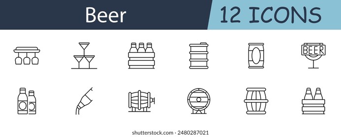 Beer set icon. Bottles, glasses, six-pack, kegs, tap, barrels, sign, brewery, drink, beverage, pub, alcohol. Brewing concept. Vector line icon on white background.