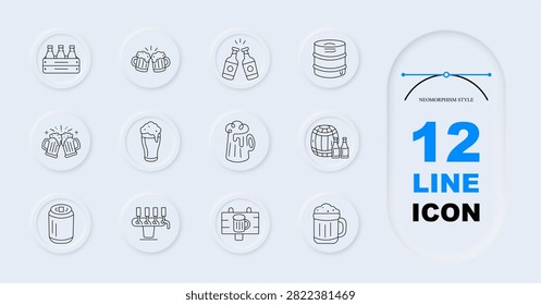 Beer set icon. Brewery, mug, bottle, barrel, can, tap, foam, alcohol, pub, beverage, brewing industry, celebration, craft drink, refreshment, nightlife atmosphere.