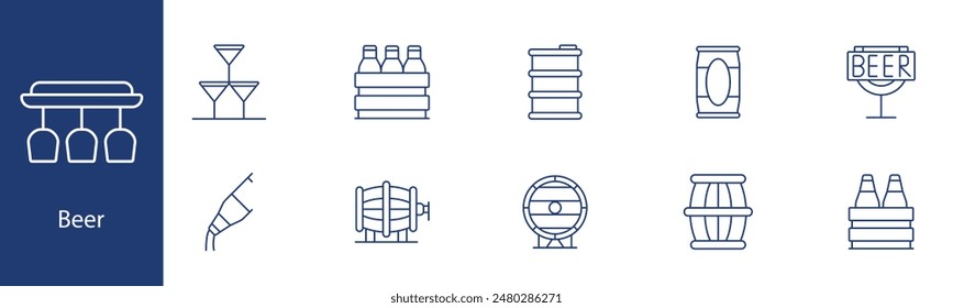 Beer set icon. Beer glasses, bottles, barrel, kegs, tap, six-pack, bar sign, draft system. Brewery, beverage, alcohol concept.