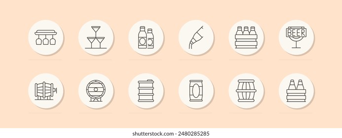 Beer set icon. Glasses, martini, bottles, corkscrew, beer crate, keg, barrel, can, beer sign. Brewery, beverage concept. Vector line icon on peach background.