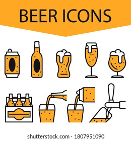 Beer. Set of beer icons. The heady drink in various capacities. Can, bottles, glasses. Pouring beer into a glass. Vector illustration isolated on a white background for design and web.