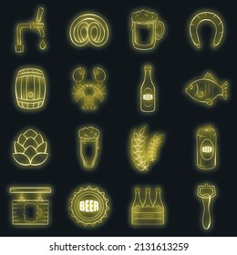 Beer set icons in neon style isolated on a black background