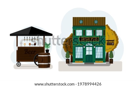 Beer set. Irish pub exterior vector illustration. Street stall with draught beer for sale. Wooden cart with different types of craft beer, wooden barrels and beer glass glasses. Flat design of facade