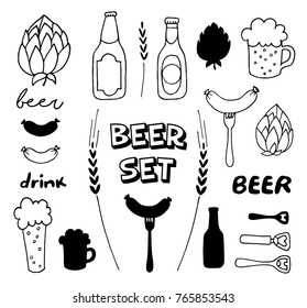 Beer set of isolated design elements. Bottle, cup with foam, sausages, opener, wheat, hop. Hand drawn vector black and white illustrations. Cartoon, doodle.