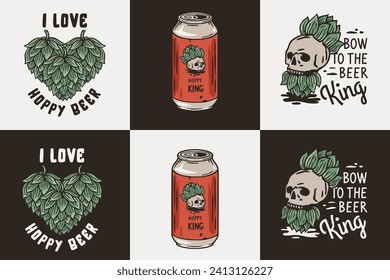 Beer set with metal can and skull hop for craft bar. Beer collection for alcohol brewery print