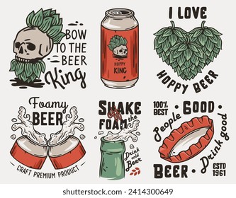 Beer set with metal can and skull hop for craft bar. Beer bottle and bottle cap for alcohol brewery print