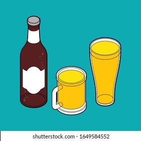 Beer set: Mug and glass, bottle of beer. alcohol vector illustration