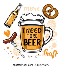 Beer set with a beer mug and the inscription I need more beer on a white background