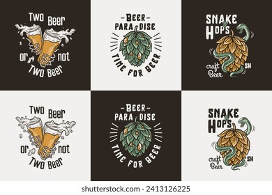 Beer set of beer mug with skeleton hand, snake and hop for brewery or alcohol craft bar