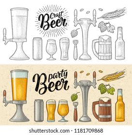 Beer set with mug, tap, glass, can, tower, bottle, hop with leaf, ear of wheat. Vintage color vector engraving illustration isolated on craft paper texture. For labels, packaging, poster