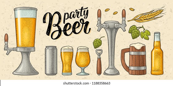 Beer set with mug, tap, glass, can, tower, bottle, hop with leaf, ear of wheat. Vintage color vector engraving illustration isolated on beige spotted background. For labels, packaging, poster