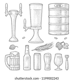 Beer set with mug, tap, glass, can, tower, bottle, keg, hop with leaf, ear of wheat. Vintage black vector engraving illustration isolated on white background. For labels, packaging, poster