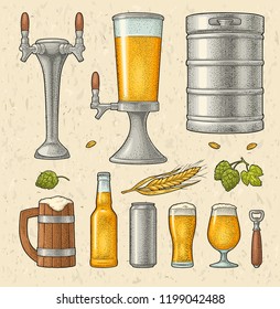 Beer set with mug, tap, glass, can, tower, bottle, keg, hop with leaf, ear of wheat. Vintage black vector engraving illustration isolated on craft paper texture. For labels, packaging, poster