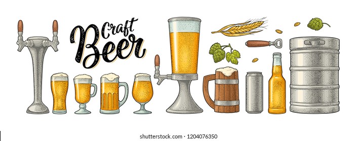 Beer set with mug, tap, glass, can, tower, bottle, keg, hop with leaf, ear of wheat. Vintage black vector engraving illustration isolated on white background. For labels, packaging, poster