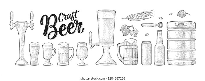 Beer set with mug, tap, glass, can, tower, bottle, keg, hop with leaf, ear of wheat. Vintage black vector engraving illustration isolated on white background. For labels, packaging, poster