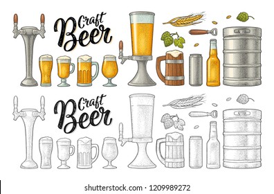 Beer set with mug, tap, glass, can, tower, bottle, keg, hop with leaf, ear of wheat. Vintage color vector engraving illustration isolated on white background. For labels, packaging, poster