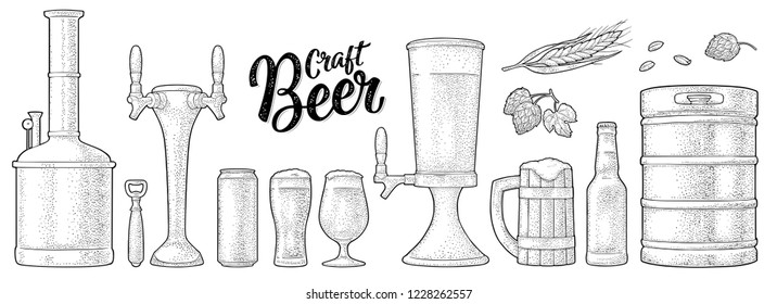 Beer set with mug, tap, glass, can, tower, bottle, keg, hop with leaf, ear of wheat. Vintage black vector engraving illustration isolated on white background. For labels, packaging, poster