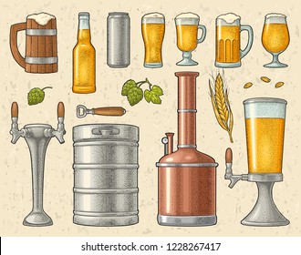 Beer set with mug, tap, glass, can, tower, bottle, keg, hop with leaf, ear of wheat. Vintage color vector engraving illustration isolated on craft paper texture. For labels, packaging, poster