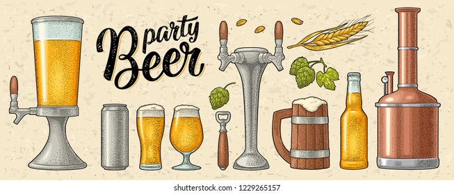 Bier Set mit Schlamm, Wasserhahn, Glas, Dose, Turm, Flasche, Hopfen mit Blatt, Ohr von Weizen. Vintage-farbige Vektorgrafikgrafik einzeln auf beigem Hintergrund. Für Etiketten, Verpackungen, Poster