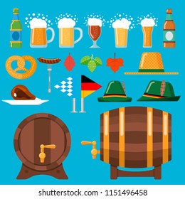 Beer set with mugs, hats, hops, leaves, flags, barrels, eisbein, pretzel and sausage. Elements for your design works. Flat style vector illustration.