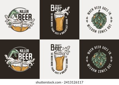 Beer set of beer mugs with snake and hop for brewery alcohol craft bar