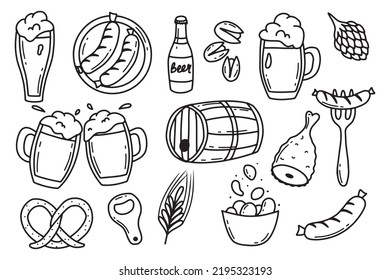 Beer set. Oktoberfest collection. Doodle style. Vector illustration. Beer, beer snacks. hops and wheat.