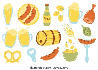 Beer set. Oktoberfest collection. Drawn style. Vector illustration. Beer, beer snacks. hops and wheat.