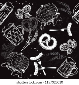 Beer set on a black background seamless pattern