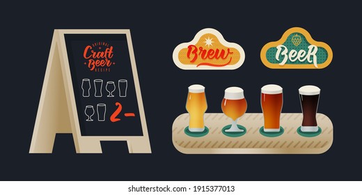 Beer Set on Dark Background. Beer Badges. Pavement Stand. Glasses with Beer Heads. Modern Vector Illustration. Social Media Ads. 