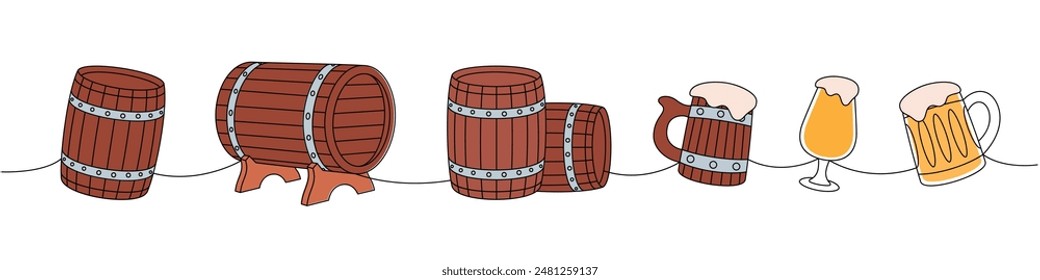 Beer set one line colored continuous drawing. Old wooden barrels, beer mugs continuous one line illustration. Vector linear illustration.