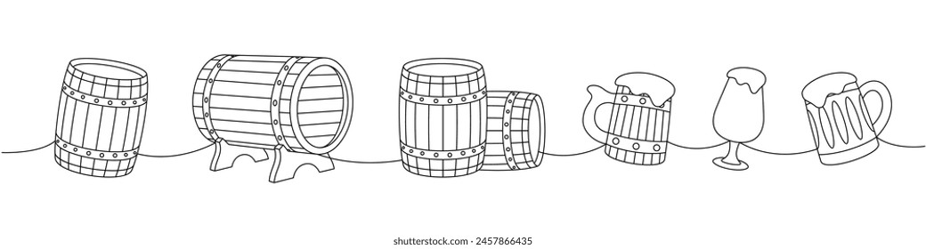 Beer set one line continuous drawing. Old wooden barrels, beer mugs continuous one line illustration. Vector linear illustration.