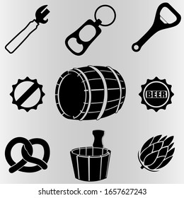 Abertura, barriles, tapas, lúpulos, etc. Para bares y restaurantes. Ilustración vectorial.