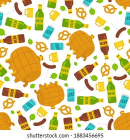 Beer set pattern seamless. Craft brewing background. Barrel and bottle. A mug of beer and hops. Sausage and pretzel texture