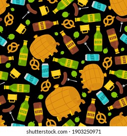 Beer set pattern seamless. Craft brewing background. Barrel and bottle. A mug of beer and hops. Sausage and pretzel texture