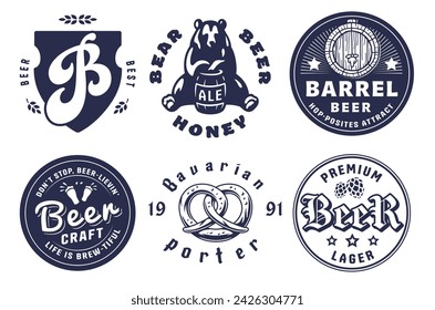 Beer Set of Retro Vintage Beer Badges and Labels for the Design of Brewed Beer in a Craft Brewery. Collection of Premium Quality Beer and Brewery Logos for Pubs and Bars.