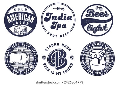 Beer Set of Retro Vintage Beer Badges and Labels for the Design of Brewed Beer in a Craft Brewery. Collection of Premium Quality Beer and Brewery Logos for Pubs and Bars.
