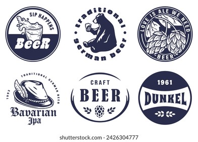 Beer Set of Retro Vintage Beer Badges and Labels for the Design of Brewed Beer in a Craft Brewery. Collection of Premium Quality Beer and Brewery Logos for Pubs and Bars.