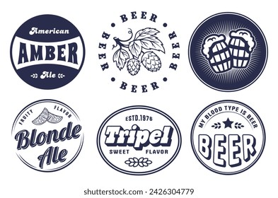 Beer Set of Retro Vintage Beer Badges and Labels for the Design of Brewed Beer in a Craft Brewery. Collection of Premium Quality Beer and Brewery Logos for Pubs and Bars.