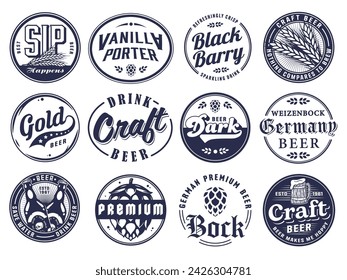 Beer Set of Retro Vintage Beer Badges and Labels for the Design of Brewed Beer in a Craft Brewery. Collection of Premium Quality Beer and Brewery Logos for Pubs and Bars.