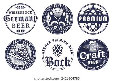 Beer Set of Retro Vintage Beer Badges and Labels for the Design of Brewed Beer in a Craft Brewery. Collection of Premium Quality Beer and Brewery Logos for Pubs and Bars.