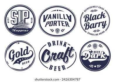 Beer Set of Retro Vintage Beer Badges and Labels for the Design of Brewed Beer in a Craft Brewery. Collection of Premium Quality Beer and Brewery Logos for Pubs and Bars.