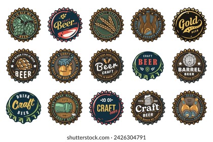 Cerveza Conjunto de Insignias y Etiquetas de Cerveza Retro Vintage para el Diseño de Cerveza en una Cervecería Artesanal. Colección de Cerveza y Logotipos Cerveceros de Calidad Premium para Pubs y Bares. Tapón de cerveza o corcho metálico.