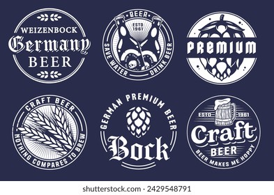 Cerveza Conjunto de Insignias y Etiquetas de Cerveza Retro Vintage para el Diseño de Cerveza Elaborada en una Cervecería Artesanal. Colección de Cerveza y Logotipos Cerveceros de Calidad Premium para Pubs y Bares.